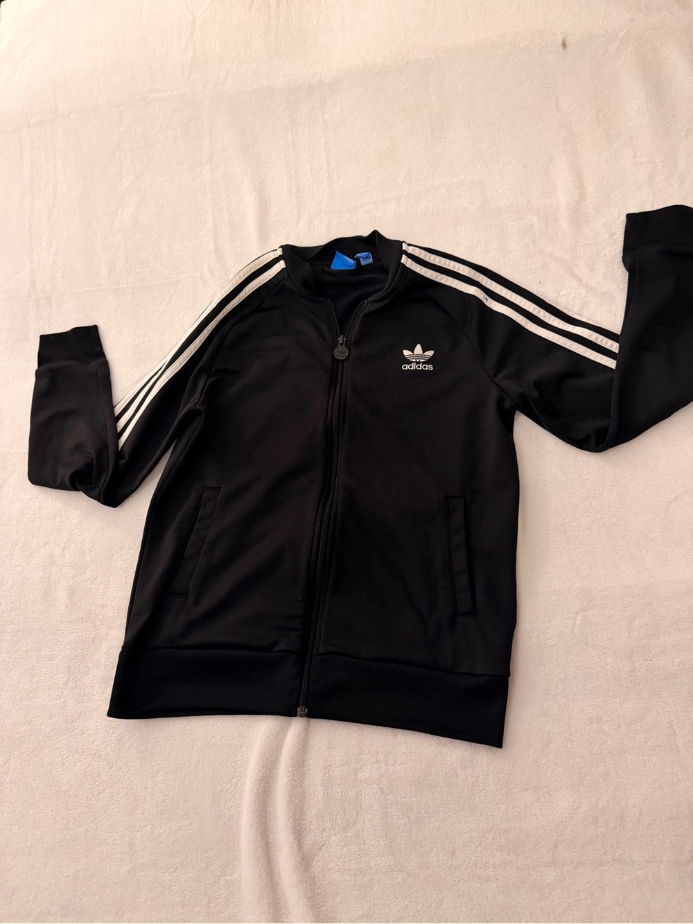 adidas Kids Black Zip-Up Track Jacket with White Three Stripes size: L